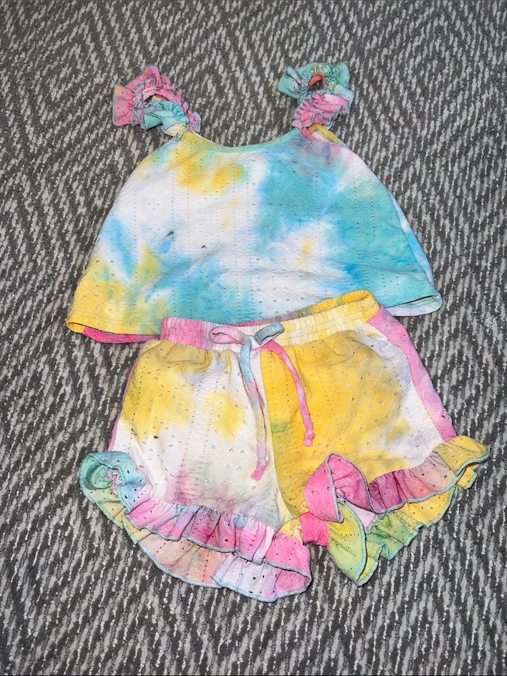 Little Mass Tie-Dye Eyelet Ruffle Tank & Shorts Set - Pink, Yellow, Blue, Green